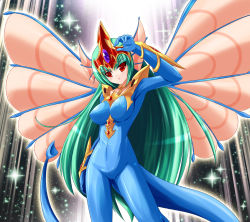 Rule 34 | 1girl, ancient fairy dragon, arm up, blue bodysuit, bodysuit, breasts, bunji, collarbone, commentary request, covered erect nipples, dragon girl, dragon tail, duel monster, fins, gem, green hair, head fins, impossible bodysuit, impossible clothes, insect wings, large breasts, long hair, personification, red eyes, solo, tail, very long hair, wings, yu-gi-oh!