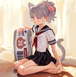 Rule 34 | 1girl, animal ears, artist name, barefoot, can, cat ears, cat tail, extra ears, fang, feiqizi (fkey), fish hair ornament, fkey, grey hair, hair ornament, necktie, open mouth, original, pink eyes, pleated skirt, ponytail, red necktie, school uniform, seiza, serafuku, signature, sitting, skirt, slit pupils, solo, tail