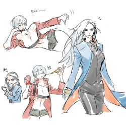 Rule 34 | 2girls, anger vein, bare shoulders, blue coat, blue eyes, blush, can, closed eyes, closed mouth, coat, coffee, cup, dante (devil may cry), devil may cry, devil may cry (series), devil may cry 3, drink can, eating, fingerless gloves, food, frown, genderswap, genderswap (mtf), gloves, green gloves, hair between eyes, holding, holding can, holding cup, holding food, holding pizza, long hair, mlxgdog, multiple girls, navel, open mouth, pizza, red coat, short hair, short shorts, shorts, simple background, sketch, soda can, teeth, thumbs down, upper teeth only, vergil (devil may cry), white background, white hair