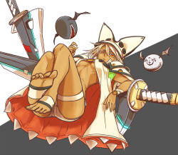 Rule 34 | 1girl, ass, barefoot, black background, blonde hair, breasts, dark-skinned female, dark skin, feet, full body, guilty gear, guilty gear xrd, katana, looking at viewer, ramlethal valentine, red eyes, shinzou, small breasts, solo, sword, thighs, toes, two-tone background, underboob, weapon, white background