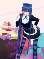 Rule 34 | 10s, 1girl, absurdres, aqua eyes, bad id, bad pixiv id, colored inner hair, hand on own hip, highres, kuma (bear ubear), long hair, mouth hold, multicolored hair, panties, panty &amp; stocking with garterbelt, purple hair, solo, stocking (psg), striped clothes, striped panties, striped thighhighs, thighhighs, underwear