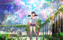 Rule 34 | 1girl, amano hina (tenki no ko), arm up, bare arms, bare shoulders, black hair, blue eyes, blue sky, blurry, blurry foreground, breasts, closed mouth, cloud, cloudy sky, commentary, day, depth of field, english commentary, feet out of frame, hair between eyes, highres, hood, hood down, hooded jacket, jacket, long hair, outdoors, purple shorts, railing, short shorts, shorts, sky, sleeveless, sleeveless jacket, small breasts, smile, solo, standing, tarbo (exxxpiation), tenki no ko, torii, white jacket