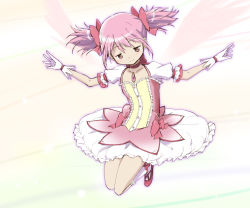 Rule 34 | 1girl, bow, bubble skirt, choker, gloves, hair bow, kaname madoka, kinfuji, kneehighs, legs up, looking down, magical girl, mahou shoujo madoka magica, mahou shoujo madoka magica (anime), mary janes, pink bow, pink eyes, pink footwear, pink hair, shoes, simple background, skirt, socks, solo, twintails, white background, white gloves, white socks