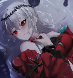 Rule 34 | 1girl, ao oni (onioni-aoi), arknights, bare shoulders, circlet, clothing cutout, detached sleeves, dress, empty eyes, grey hair, hand on own neck, highres, long hair, long sleeves, looking at viewer, lying, navel cutout, no headwear, on back, parted lips, photoshop (medium), red dress, red eyes, scar, skadi (arknights), skadi the corrupting heart (arknights), solo, upper body, water, wide sleeves