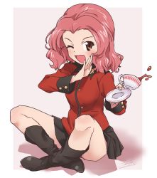 Rule 34 | 1girl, ;d, artist name, black footwear, black skirt, boots, brown eyes, commentary, cup, dated, epaulettes, fanta (the banana pistols), full body, girls und panzer, highres, holding, holding saucer, indian style, insignia, jacket, long sleeves, looking at viewer, medium hair, military, military uniform, miniskirt, ojou-sama pose, one eye closed, open mouth, pleated skirt, red hair, red jacket, rosehip (girls und panzer), saucer, shadow, signature, sitting, skirt, smile, solo, spilling, st. gloriana&#039;s military uniform, tea, teacup, uniform