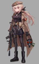 Rule 34 | 1girl, absurdres, armband, assault rifle, beret, black pantyhose, blonde hair, boots, coat, commentary request, compensator, copyright request, full body, gas mask, gloves, gun, hat, highres, insignia, lithium10mg, long hair, looking at viewer, mask, unworn mask, military, military hat, orange eyes, overcoat, pantyhose, partial commentary, ponytail, rifle, simple background, solo, weapon, weapon request