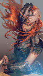 Rule 34 | 1girl, aloy (horizon), arm guards, armor, arrow (projectile), bow (weapon), braid, breasts, cowboy shot, drawing bow, floating hair, grey background, hage2013, helmet, highres, holding, holding bow (weapon), holding weapon, horizon (video game), horizon forbidden west, horizon zero dawn, long hair, looking at viewer, medium breasts, multiple braids, one eye covered, orange hair, parted lips, realistic, shoulder armor, solo, weapon