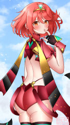Rule 34 | 1girl, absurdres, ahoge, artist name, ass, blush, breasts, circlet, eeveestrations, finger to mouth, fingerless gloves, from behind, gloves, highres, large breasts, looking at viewer, looking back, pyra (xenoblade), red eyes, red hair, red shorts, scarf, shiny clothes, shiny skin, short hair, short shorts, shorts, sideboob, solo, thick thighs, thighhighs, thighs, xenoblade chronicles (series), xenoblade chronicles 2