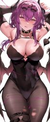 Rule 34 | 1girl, :q, alternate costume, armpits, arms up, black leotard, breasts, brown pantyhose, commentary, covered navel, crossed bangs, demon girl, demon horns, demon tail, demon wings, english commentary, eyewear on head, highres, honkai: star rail, honkai (series), horns, kafka (honkai: star rail), large breasts, leotard, looking at viewer, pantyhose, parted lips, pink nails, purple eyes, purple hair, shiben (ugvu5784), solo, sunglasses, sweat, tail, thigh strap, tongue, tongue out, wings