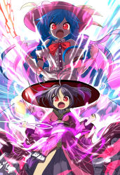 Rule 34 | 2girls, blue hair, bow, bowl, bowl hat, bowtie, buttons, center frills, commentary request, energy, food, frills, fruit, hands up, hat, highres, hinanawi tenshi, holding, holding sword, holding weapon, japanese clothes, kimono, long hair, long sleeves, looking at viewer, mini person, minigirl, multiple girls, needle, obi, open mouth, peach, puffy short sleeves, puffy sleeves, purple hair, red eyes, red kimono, red neckwear, sash, shirt, short sleeves, sukuna shinmyoumaru, sword, sword of hisou, syope, touhou, weapon, white shirt, wide sleeves