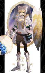 Rule 34 | 1girl, absurdres, arm armor, armor, bell, black background, blonde hair, blush, blush stickers, closed mouth, commentary request, fate/grand order, fate (series), full body, gareth (fate), gloves, green eyes, hair between eyes, highres, holding, holding polearm, holding shield, holding weapon, knight, knights of the round table (fate), long sleeves, looking at viewer, multicolored background, ninjin (ne f g o), polearm, shield, short hair, smile, solo, star (symbol), strength (tarot), tarot, tarot (medium), text background, weapon, white background