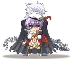 Rule 34 | 1boy, 1girl, :o, back-to-back, beret, black cape, blush stickers, boots, breasts, broken, broken chain, cape, center opening, chain, chibi, cleavage, commentary, dagger, dress, earrings, elbow gloves, emblem, emperor (sennen sensou aigis), full body, fur trim, gloves, gold trim, hat, holding, holding dagger, holding knife, holding weapon, jewelry, kano-0724, knife, large breasts, leona (sennen sensou aigis), looking at viewer, navel, pelvic curtain, pigeon-toed, plume, pouch, purple eyes, purple hair, red cape, sennen sensou aigis, short hair, simple background, standing, sword, thigh pouch, thigh strap, thighhighs, thighhighs under boots, v-shaped eyebrows, weapon, white background, white dress, white footwear, white gloves, white hair, white headwear