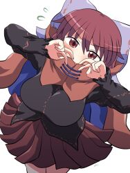 Rule 34 | 1girl, black shirt, blue bow, blush, bow, breasts, cape, cowboy shot, flying sweatdrops, hair between eyes, hair bow, highres, large breasts, long sleeves, looking at viewer, pleated skirt, red cape, red eyes, red hair, red skirt, rokugou daisuke, sekibanki, sekibanki day, shirt, short hair, signature, simple background, skirt, solo, touhou, white background