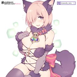 Rule 34 | 1girl, :3, :d, animal ears, between breasts, breasts, bright pupils, cleavage, elbow gloves, fang, fate/grand order, fate (series), fishine, flying sweatdrops, fur trim, gloves, hair over one eye, hand on own chest, large breasts, looking at viewer, mash kyrielight, mash kyrielight (dangerous beast), navel, official alternate costume, open mouth, pink hair, purple eyes, purple gloves, purple thighhighs, saint quartz (fate), short hair, sitting, smile, solo, tail, thighhighs, white pupils, wolf ears, wolf tail