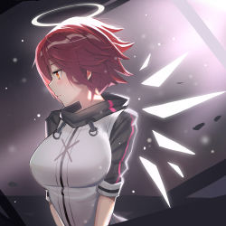 Rule 34 | 1girl, arknights, blush, breasts, commentary, exusiai (arknights), halo, highres, jacket, large breasts, light particles, profile, raglan sleeves, red eyes, red hair, short hair, short sleeves, solo, team moka, upper body, white jacket