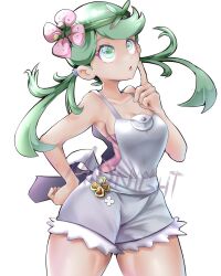 Rule 34 | 1girl, bare legs, bare shoulders, breasts, cleavage, creatures (company), dark-skinned female, dark skin, flower, game freak, green eyes, hair flower, hair ornament, highres, long hair, looking up, mall, mallow (pokemon), medium breasts, nighmidnight, nintendo, overalls, pokemon, pokemon sm, shiny skin, shorts, sleeveless, twintails, wide hips