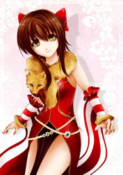 Rule 34 | 1girl, animal, animal around neck, bangle, bow, bracelet, breasts, brown eyes, brown hair, cecil (wing r), closed mouth, commentary, commentary request, cowboy shot, detached sleeves, dress, english commentary, floral background, fox, hair between eyes, hair bow, highres, jewelry, long hair, looking at viewer, medium breasts, mixed-language commentary, pelvic curtain, pink background, professor (ragnarok online), ragnarok online, red bow, red dress, red sleeves, sidelocks, sleeveless, sleeveless dress, smile, solo, striped sleeves, white sleeves