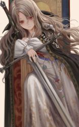 Rule 34 | 1girl, absurdres, armor, black cape, cape, closed mouth, dress, expressionless, female focus, frown, gold can, grey hair, high collar, highres, huge filesize, long hair, looking at viewer, original, puffy sleeves, red eyes, shoulder armor, solo, sword, weapon, white dress