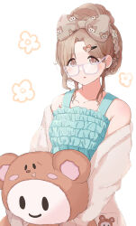 Rule 34 | 1girl, absurdres, bare shoulders, bespectacled, blush, brown eyes, brown hair, commentary request, glasses, hair bun, hair ornament, hairclip, highres, holding, holding stuffed toy, ichikawa hinana, idolmaster, idolmaster shiny colors, long hair, looking at viewer, hugging object, raichita, solo, stuffed toy