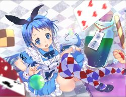 Rule 34 | alice (alice in wonderland), alice (alice in wonderland) (cosplay), alice in wonderland, argyle, argyle clothes, argyle legwear, blue eyes, blue hair, bottle, card, clover, cookie, cosplay, food, kantai collection, long hair, malino (dream maker), multicolored clothes, multicolored legwear, playing card, samidare (kancolle), solo, thighhighs, very long hair