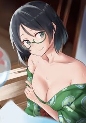Rule 34 | 1girl, absurdres, alternate costume, bare shoulders, black hair, blurry, blurry background, breasts, cleavage, collarbone, commentary request, glasses, green-framed eyewear, green kimono, grey eyes, hair between eyes, highres, japanese clothes, kantai collection, kimono, kirishima (kancolle), lanthan, looking at viewer, medium breasts, paper, semi-rimless eyewear, solo, sweat, wind chime