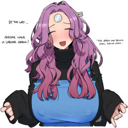 Rule 34 | 1girl, apron, blush, breasts, english text, large breasts, long hair, looking at viewer, ohasi, open mouth, original, pc (ohasi), purple hair, simple background, sleeves past wrists, solo, sweater, turtleneck, upper body, usb, white background