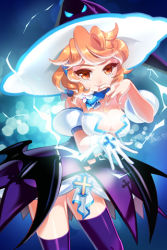 Rule 34 | 1girl, breasts, cleavage, cross, electricity, gloves, hat, large breasts, lightning, lowres, orange eyes, orange hair, parfunte, purple thighhighs, short hair, smile, solo, sword girls, tari, thighhighs, wavy hair, witch, witch hat