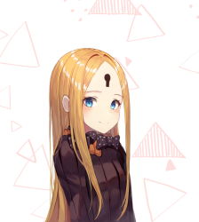 Rule 34 | 1girl, abigail williams (fate), bad id, bad pixiv id, black bow, black dress, blonde hair, blue eyes, blush, bow, closed mouth, dress, fang, fang out, fate/grand order, fate (series), keyhole, long hair, md5 mismatch, no headwear, orange bow, parted bangs, polka dot, polka dot bow, revision, simple background, smile, solo, sugar (dndi888), upper body, very long hair, white background