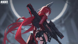 Rule 34 | 1girl, absurdres, anti-materiel rifle, artist request, ass, ass cutout, black gloves, bullpup, closed eyes, clothing cutout, fingerless gloves, gloves, goddess of victory: nikke, gun, highres, holding, holding gun, holding weapon, horns, jacket, long hair, long sleeves, looking back, mechanical horns, official art, red hair, red hood (nikke), red jacket, red scarf, revealing clothes, rifle, scarf, second-party source, skindentation, smile, sniper rifle, solo, teeth, very long hair, watermark, weapon