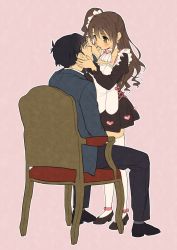 Rule 34 | 10s, 1boy, 1girl, :o, apron, back, bad id, bad pixiv id, between legs, black dress, black footwear, black pants, blue jacket, blush, bow, brooch, brown hair, chair, closed mouth, cross-laced clothes, dress, eye contact, frilled sleeves, frills, full body, gem, grey thighhighs, hair bow, hand on another&#039;s cheek, hand on another&#039;s face, heart, hetero, highres, idolmaster, idolmaster cinderella girls, jacket, jewelry, juliet sleeves, long hair, long sleeves, looking at another, nanonin, on chair, one side up, pants, pink background, pleated dress, producer (idolmaster), producer (idolmaster cinderella girls anime), profile, puffy sleeves, shimamura uzuki, shoes, sideburns, sitting, smile, socks, standing, thighhighs, white apron, white bow, white thighhighs, yellow eyes