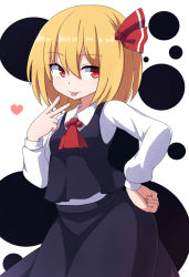 Rule 34 | 1girl, ascot, black skirt, black vest, blonde hair, cowboy shot, facing viewer, hair between eyes, hair ribbon, hand on own hip, heart, long sleeves, looking to the side, medium hair, red ascot, red eyes, red ribbon, ribbon, rizento, rumia, shirt, simple background, skirt, solo, tongue, tongue out, touhou, v, vest, white background, white shirt