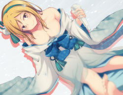 Rule 34 | 10s, 1girl, bare shoulders, barefoot, blonde hair, blue bow, blurry, bow, breasts, brown eyes, cleavage, closed mouth, depth of field, female focus, hair between eyes, hair ornament, hairband, head tilt, holding, ice, idolmaster, idolmaster million live!, japanese clothes, kimono, large breasts, lens flare, long hair, looking at viewer, loose clothes, momose rio, nanotsuki, obi, pom pom (clothes), print kimono, sash, sitting, smile, snowflake hair ornament, snowflake print, snowing, solo, swept bangs, tassel