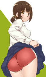 Rule 34 | 1girl, ass, bad id, bad pixiv id, brown eyes, brown hair, buruma, clothes lift, commentary, long sleeves, looking at viewer, looking back, mo-fu, original, short hair, skirt, skirt lift, smile, solo