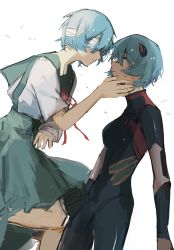 Rule 34 | 2girls, aki ( n ff), ayanami rei, bandaged head, bandages, black bodysuit, blouse, blue hair, blue skirt, bodysuit, clone, closed mouth, commentary, dual persona, evangelion: 3.0+1.0 thrice upon a time, eye contact, highres, interface headset, looking at another, multiple girls, neck ribbon, neon genesis evangelion, plugsuit, rebuild of evangelion, red ribbon, ribbon, school uniform, selfcest, shirt, short hair, short sleeves, simple background, skirt, suspender skirt, suspenders, sweat, tokyo-3 middle school uniform, white background, white shirt, yuri