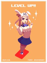 Rule 34 | 1girl, animal hat, blue skirt, crop top, dated, english text, flotia 0127, full body, grey hair, hands up, hat, long hair, long sleeves, looking at viewer, midriff, navel, no nose, open mouth, orange background, original, pixel art, rabbit hat, simple background, skirt, solo, sparkle, standing, virtual youtuber