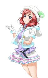 Rule 34 | 1girl, :o, artist request, belt, blush, breasts, frills, fur trim, gloves, hat, jewelry, looking at viewer, love live!, love live! school idol festival, love live! school idol festival after school activity, love live! school idol project, nishikino maki, official art, parted lips, pendant, purple eyes, red hair, short hair, short sleeves, skirt, snow halation, solo, transparent background, turtleneck