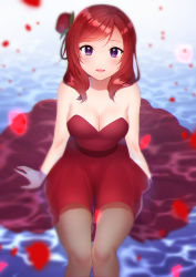 Rule 34 | 1girl, absurdres, artist name, artist request, bare shoulders, black footwear, black pantyhose, blurry, blurry background, blush, breasts, choker, cleavage, collarbone, dress, female focus, floating, flower, hair between eyes, hair flower, hair ornament, high heels, highres, jewelry, kazepana, lips, looking at viewer, love live!, love live! school idol festival, love live! school idol project, medium breasts, medium hair, necklace, nishikino maki, ocean, pantyhose, petals, purple eyes, red dress, red hair, red petals, rose, see-through, shawl, short hair, sitting, smile, solo, strapless, strapless dress, swept bangs