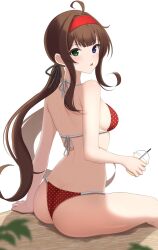 Rule 34 | 1girl, ahoge, ass, bare arms, bare shoulders, bikini, blue eyes, blurry, blurry foreground, breasts, brown hair, commentary request, cup, disposable cup, from behind, green eyes, hairband, halterneck, heterochromia, highres, holding, holding cup, light blush, long hair, looking at viewer, looking back, low twintails, medium breasts, parted lips, plant, polka dot, polka dot bikini, red bikini, red hairband, ryoubi (senran kagura), senran kagura, senran kagura new link, shade, simple background, sitting, solo, string bikini, surippa1010, swimsuit, twintails, very long hair, white background