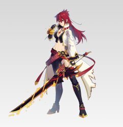 Rule 34 | 1girl, absurdres, belt, black footwear, black gloves, blazing heart (elsword), boots, breasts, cleavage, coat, dandand35470382, earrings, elesis (elsword), elsword, fingerless gloves, fire, full body, gloves, highres, holding, holding sword, holding weapon, jewelry, knee boots, long hair, looking at viewer, medium breasts, midriff, navel, necklace, pants, pendant, red eyes, red hair, simple background, solo, standing, sword, weapon, white background