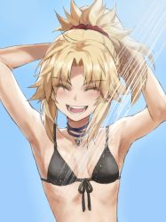 Rule 34 | 1girl, armpits, arms behind head, arms up, bare shoulders, bikini, black bikini, blonde hair, braid, breasts, closed eyes, collarbone, fate/apocrypha, fate (series), french braid, highres, jewelry, long hair, mordred (fate), mordred (fate/apocrypha), necklace, open mouth, parted bangs, ponytail, showering, sidelocks, small breasts, smile, swimsuit, tonee, wet