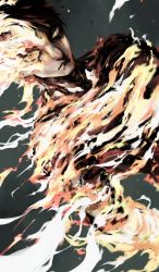 Rule 34 | 1boy, agni (fire punch), black hair, burning, closed mouth, fire, fire punch, flaming eye, green background, highres, nakano (2 mannaka), short hair, simple background, solo, yellow eyes