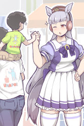 Rule 34 | 1girl, 2boys, ;o, animal ears, blouse, blunt bangs, brown eyes, carrying, clenched hand, clothes writing, commentary, eye contact, fist bump, frilled skirt, frills, gold ship (umamusume), grey hair, hand on own hip, hat, headphones, highres, horse ears, horse girl, horse tail, long hair, looking at another, multiple boys, one eye closed, pleated skirt, puffy short sleeves, puffy sleeves, purple shirt, school uniform, shirt, short sleeves, shoulder carry, skindentation, skirt, sparkle, tail, tall female, tanaka kusao, thighhighs, tracen school uniform, umamusume, very long hair, white thighhighs