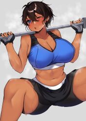 Rule 34 | 1girl, absurdres, barbell, black gloves, black shorts, blue eyes, blue sports bra, breasts, brown hair, cleavage, commentary request, commission, dark-skinned female, dark skin, exercise, fingerless gloves, girls und panzer, gloves, grey background, highres, huge breasts, kshimu, looking at viewer, navel, one eye closed, open mouth, partial commentary, pixiv commission, short hair, shorts, solo, sports bra, squatting, steam, suzuki (girls und panzer), sweat, weightlifting