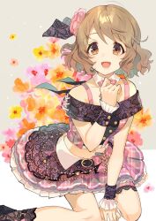 Rule 34 | 1girl, arm support, bare shoulders, belly chain, belt, black belt, black wrist cuffs, border, bow, bowtie, breasts, brown eyes, brown hair, collar, collarbone, detached collar, dot nose, dress bow, floral background, flower, hair flower, hair ornament, hand up, highres, idolmaster, idolmaster cinderella girls, idolmaster cinderella girls starlight stage, imtyousei, jewelry, large breasts, looking at viewer, navel, off-shoulder shirt, off shoulder, open mouth, orange flower, outside border, pink bow, pink bowtie, pink flower, pink shirt, pink skirt, plaid, plaid shirt, plaid skirt, pleated skirt, red flower, shirt, short hair, sitting, skirt, smile, solo, tsukimiya miyabi, wavy hair, white border, white collar, wrist cuffs, yellow footwear