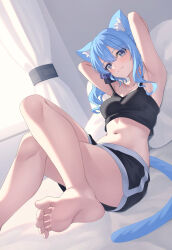 Rule 34 | 1girl, absurdres, alternate costume, animal ear fluff, animal ears, aoi zerii, armpits, arms behind head, barefoot, black camisole, black shorts, blue eyes, blue hair, blue ribbon, breasts, camisole, cat ears, cat girl, closed mouth, collarbone, commentary, crop top, crossed legs, dolphin shorts, double-parted bangs, extra ears, feet, hair between eyes, hair ribbon, highres, hololive, hoshimachi suisei, indoors, looking at viewer, lying, medium breasts, medium hair, midriff, navel, on back, on bed, ribbon, shorts, side ponytail, sidelocks, single off shoulder, soles, solo, star (symbol), star in eye, symbol in eye, toes, virtual youtuber