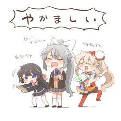 3girls :d black_footwear black_hair black_jacket black_skirt blazer blue_eyes blush bow brown_cardigan brown_hair cardigan chibi closed_eyes collared_shirt elf elu_(1st_costume)_(nijisanji) elu_(nijisanji) grey_hair grey_skirt hair_ornament hair_ribbon hairclip higuchi_kaede higuchi_kaede_(1st_costume) holding holding_microphone jacket kneehighs microphone multiple_girls necktie nijisanji open_clothes open_jacket open_mouth outstretched_arms pantyhose pink_bow pleated_skirt pointy_ears ponytail purple_necktie rebecca_(keinelove) red_footwear red_pantyhose ribbon shirt shoes side_ponytail simple_background skirt small_sweatdrop smile socks standing standing_on_one_leg sweat thighhighs translation_request tsukino_mito tsukino_mito_(1st_costume) virtual_youtuber white_background white_ribbon white_shirt white_socks white_thighhighs