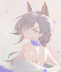 Rule 34 | 1girl, animal ears, arknights, bare shoulders, brown hair, commentary request, eyes visible through hair, from side, hair over one eye, live (mfwa7572), looking at viewer, looking to the side, mole, mole above eye, off shoulder, parted lips, penance (arknights), petals, solo, upper body, yellow eyes