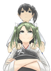 Rule 34 | 10s, 2girls, bad id, bad pixiv id, brown eyes, brown hair, colored eyelashes, commentary request, crossed arms, green eyes, green hair, hakama, hakama skirt, hands on another&#039;s shoulders, height difference, japanese clothes, kaga (kancolle), kantai collection, looking at another, looking up, multiple girls, muneate, side ponytail, skirt, smile, smug, twintails, upper body, zombie mogura, zuikaku (kancolle)