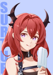 Rule 34 | 1girl, :q, absurdres, arknights, bare shoulders, blue background, breasts, cleavage, commentary, food, hair between eyes, hair intakes, highres, holding, holding food, horns, long hair, looking at viewer, popsicle, purple eyes, red hair, simple background, smile, solo, surtr (arknights), tongue, tongue out, upper body, zbk nashi