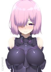 Rule 34 | 1girl, 3:, armor, armored dress, arms at sides, arms behind back, batsu, blush, breasts, closed mouth, commentary request, embarrassed, fate/grand order, fate (series), hair over one eye, large breasts, light purple hair, looking down, mash kyrielight, nose blush, purple eyes, purple hair, short hair, simple background, solo, sweatdrop, twitter username, upper body, white background